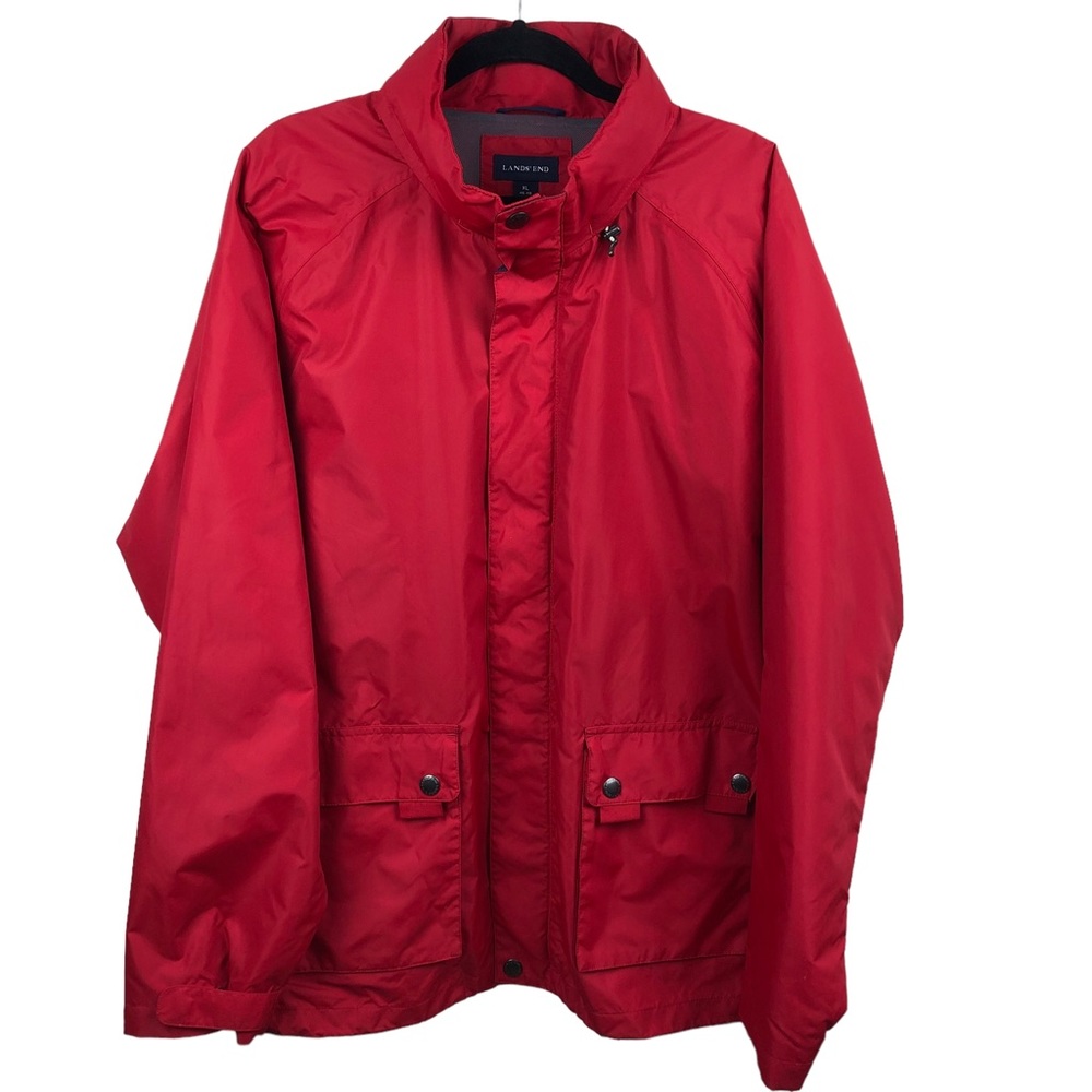 Lands End Windbreaker Jacket Coat Red Packable Hood Men's XL 46-48